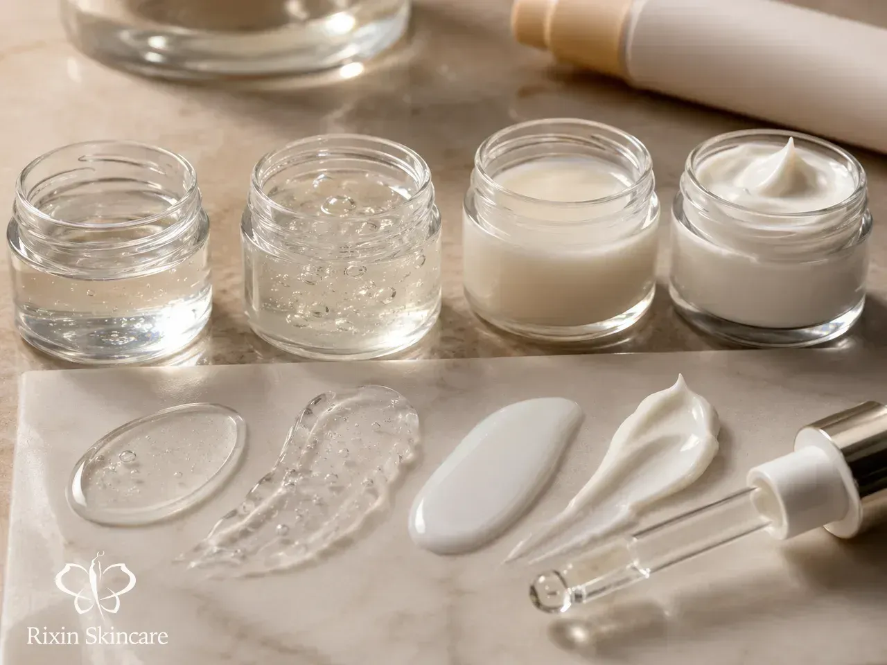 Skincare formula samples and textures arranged for viscosity, finish, and sensory-direction review