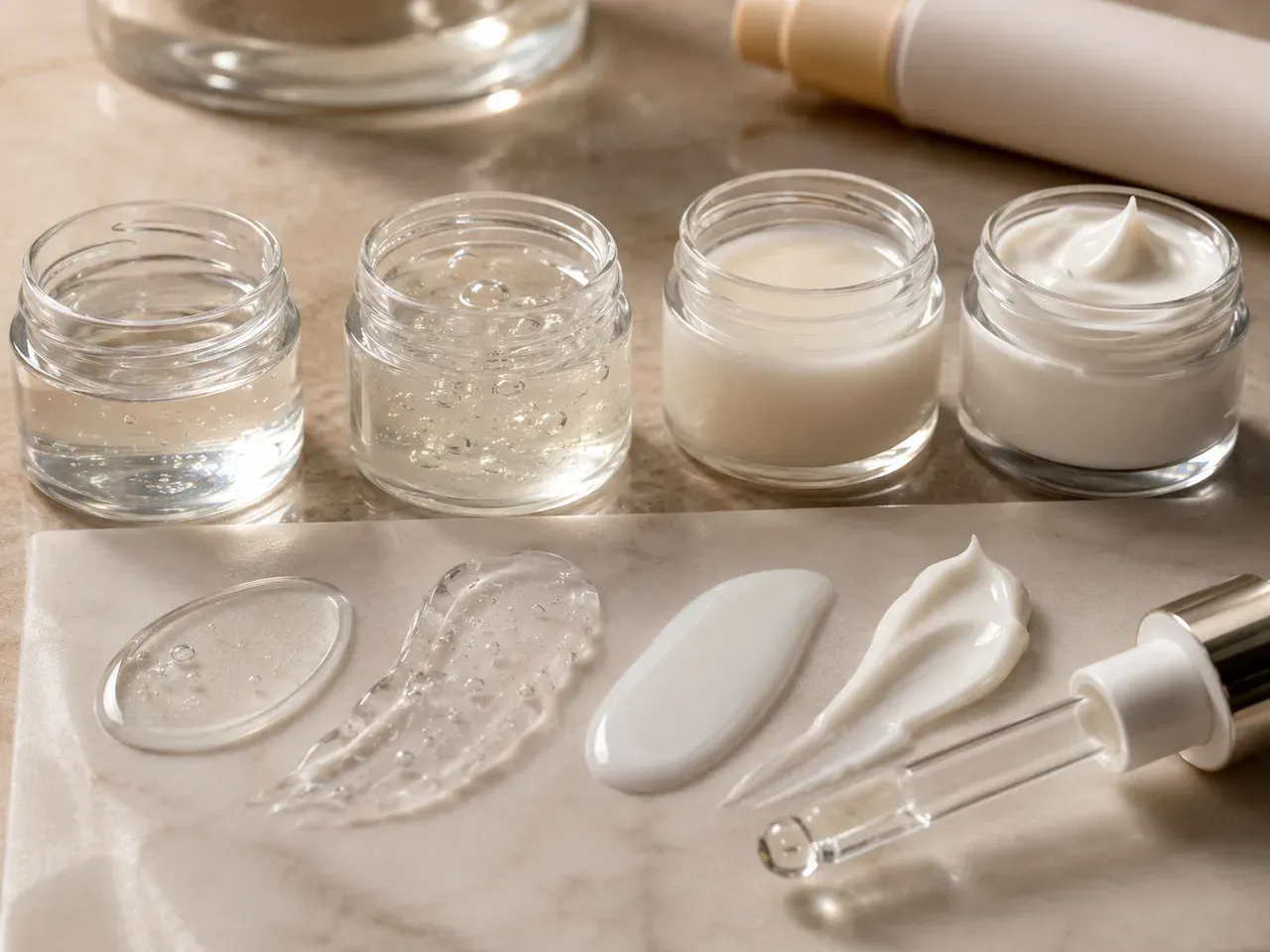 Skincare formula samples and textures arranged for viscosity, finish, and sensory-direction review