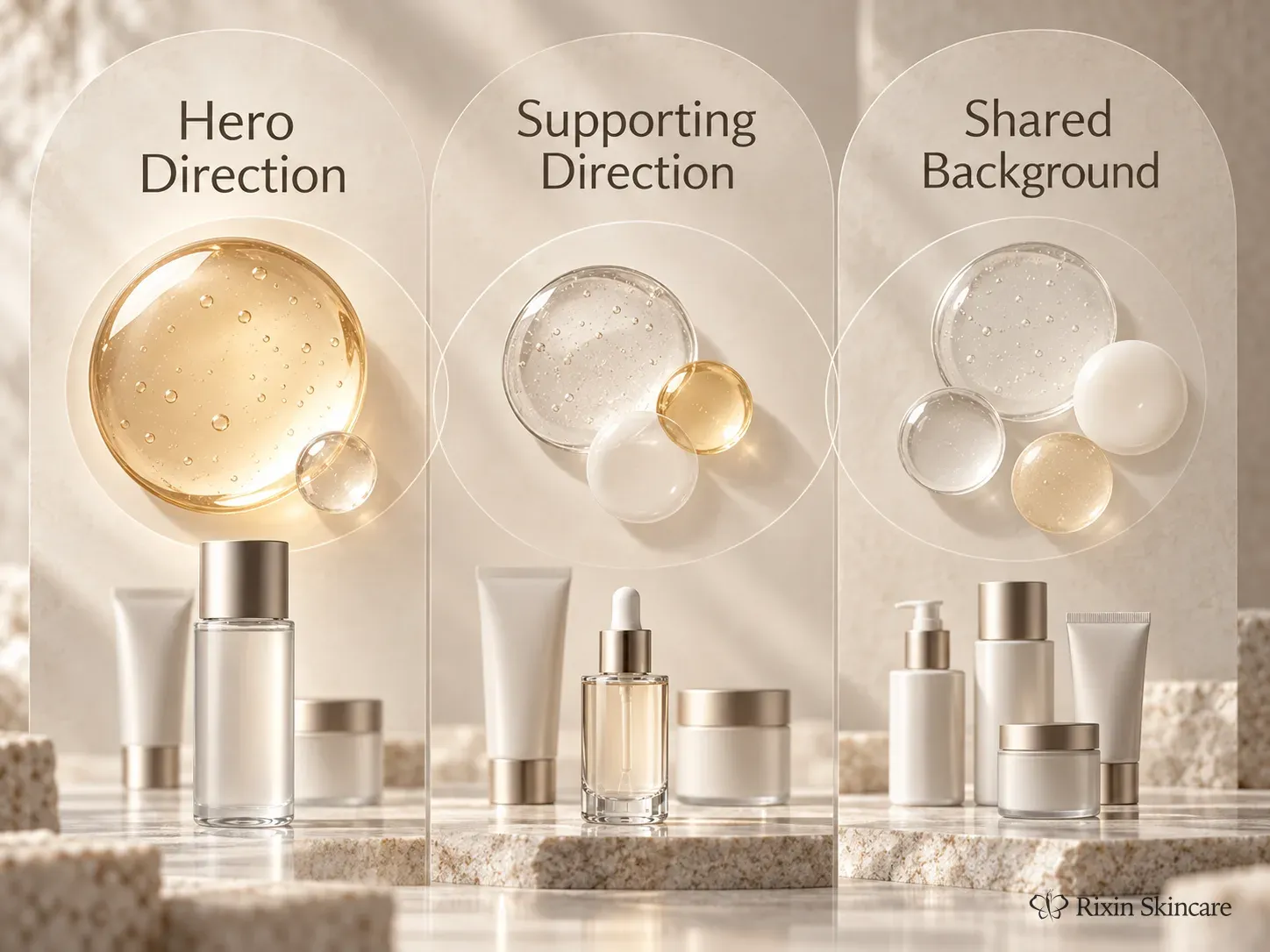 Ingredient-role framework showing hero, supporting, and shared background directions across a skincare product system.