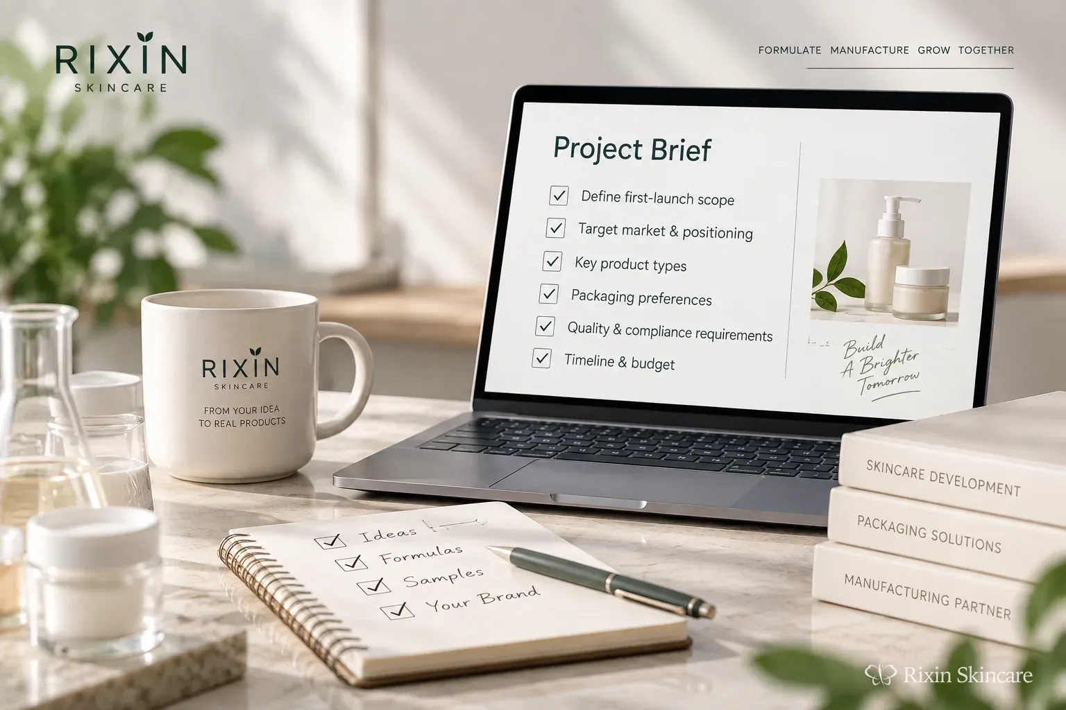 Selected skincare packages, packaging cues, and a blank brief sheet arranged as a workspace for manufacturer review.