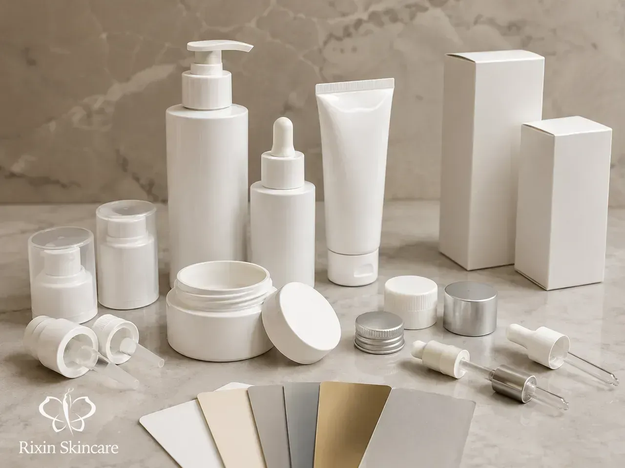 Empty skincare packaging, closures, blank cartons, and finish options arranged for packaging-direction review