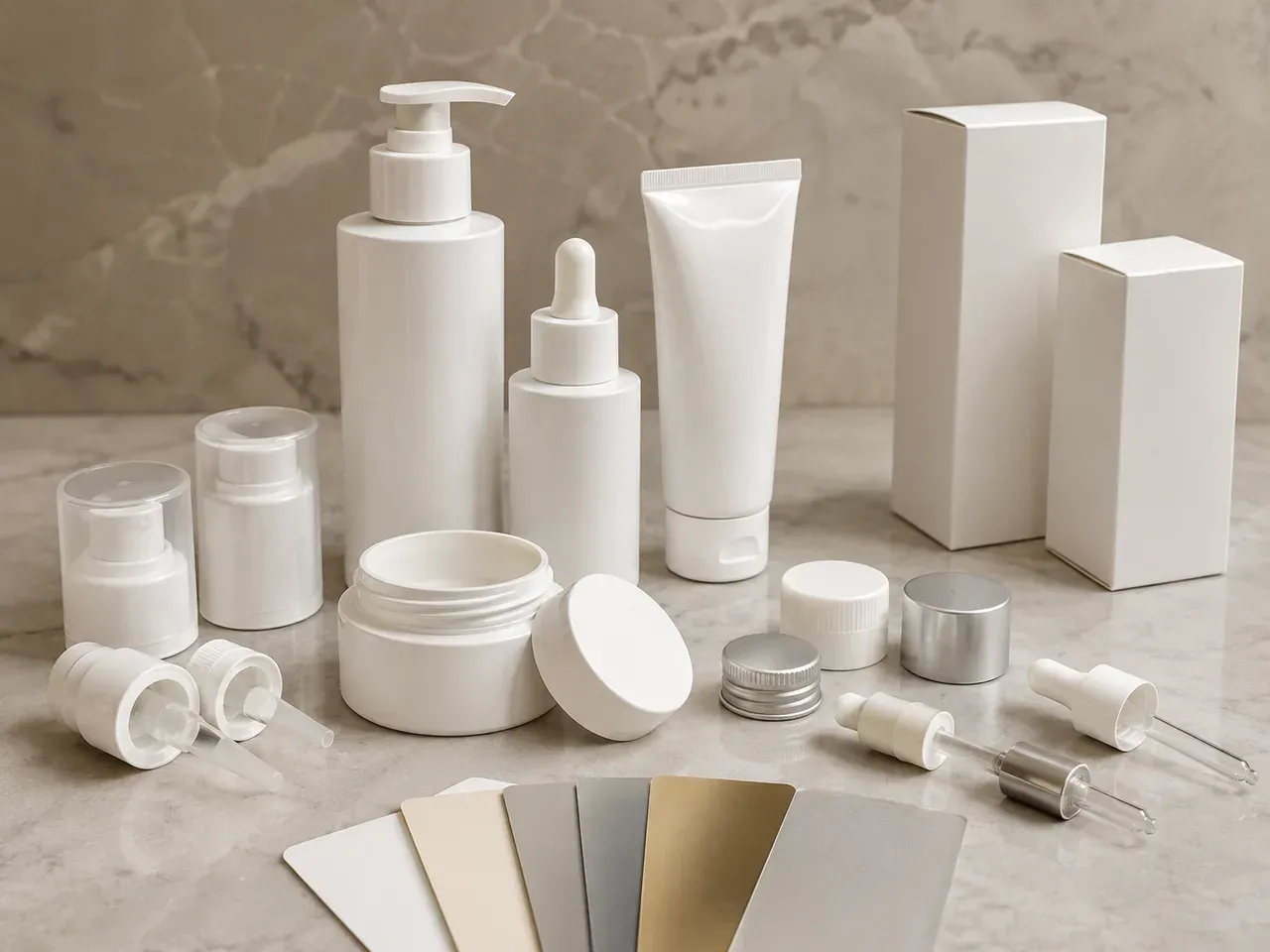 Empty skincare packaging, closures, blank cartons, and finish options arranged for packaging-direction review