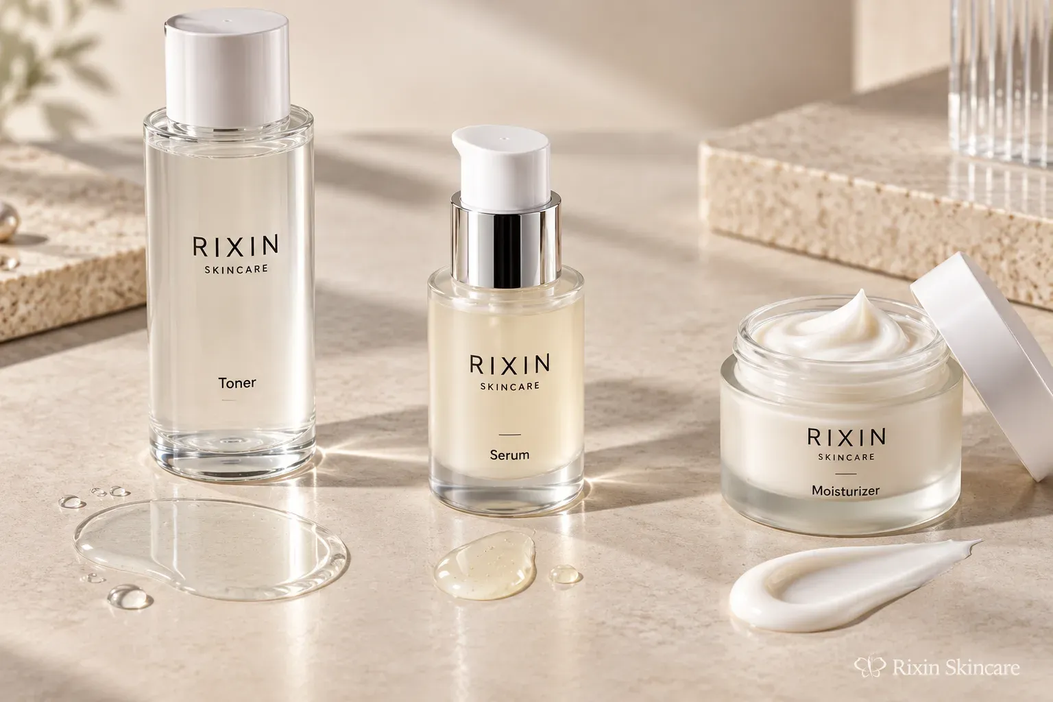 Toner, serum, and moisturizer dispensers showing how packaging and practical product amounts can affect a skincare routine.