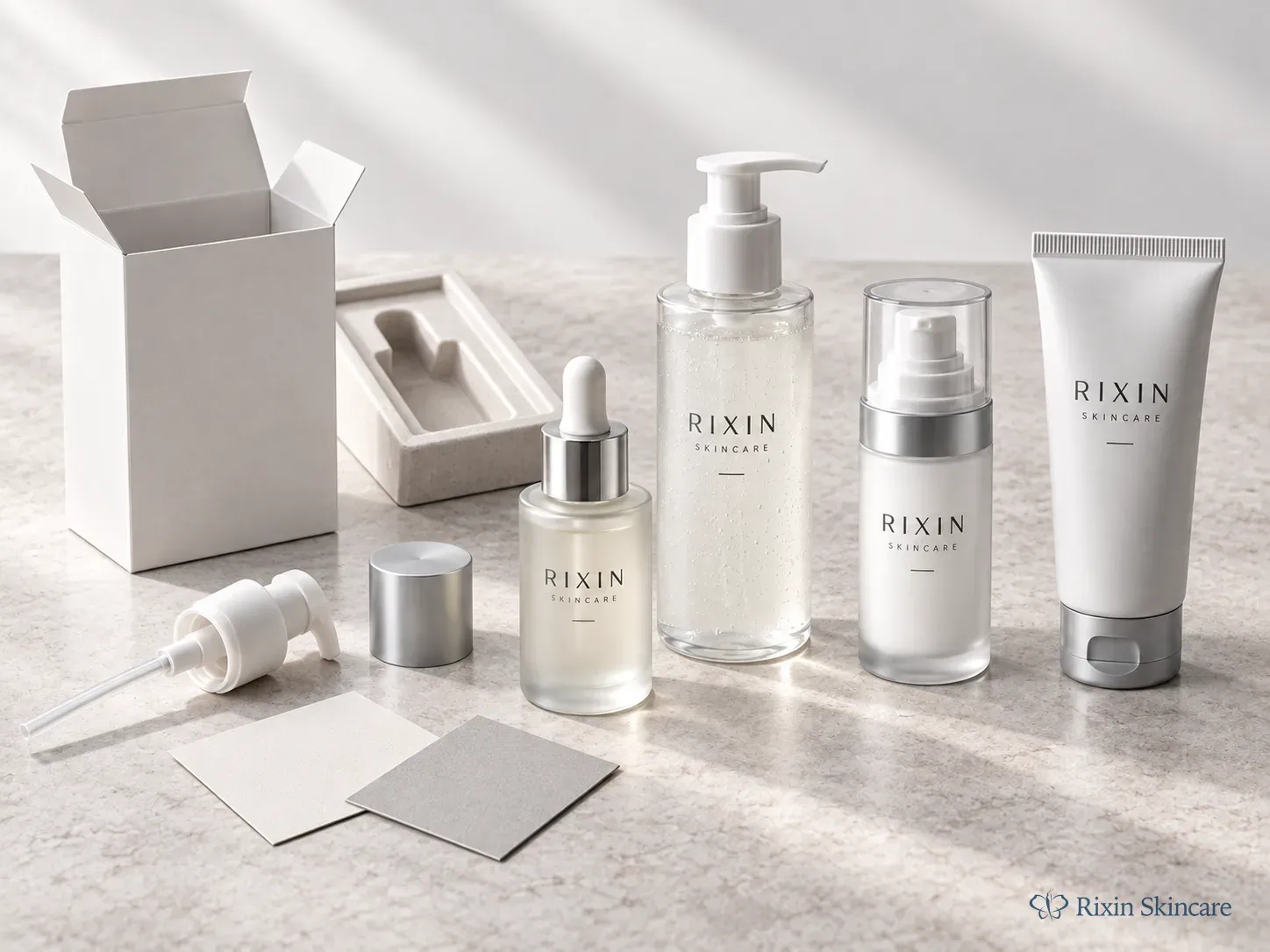 Multiple skincare packages and packaging components arranged to show how line-level packaging complexity can affect the launch decision.