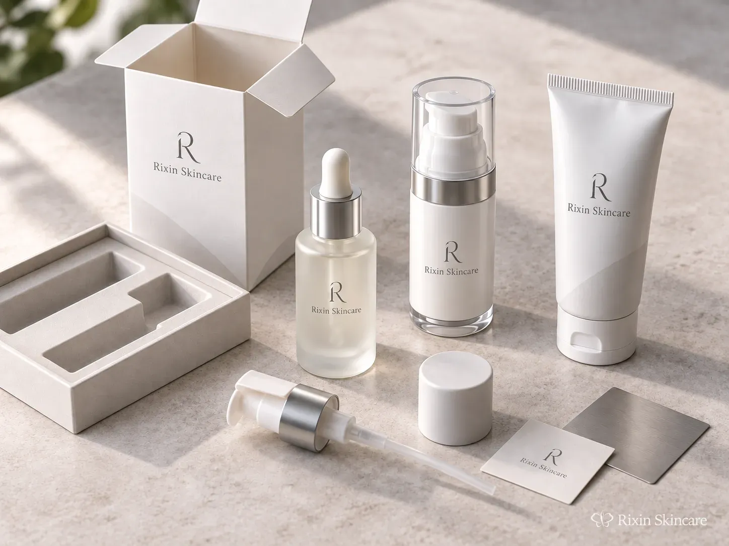 Skincare packages, carton, pump, cap, and insert components arranged for packaging-system review.