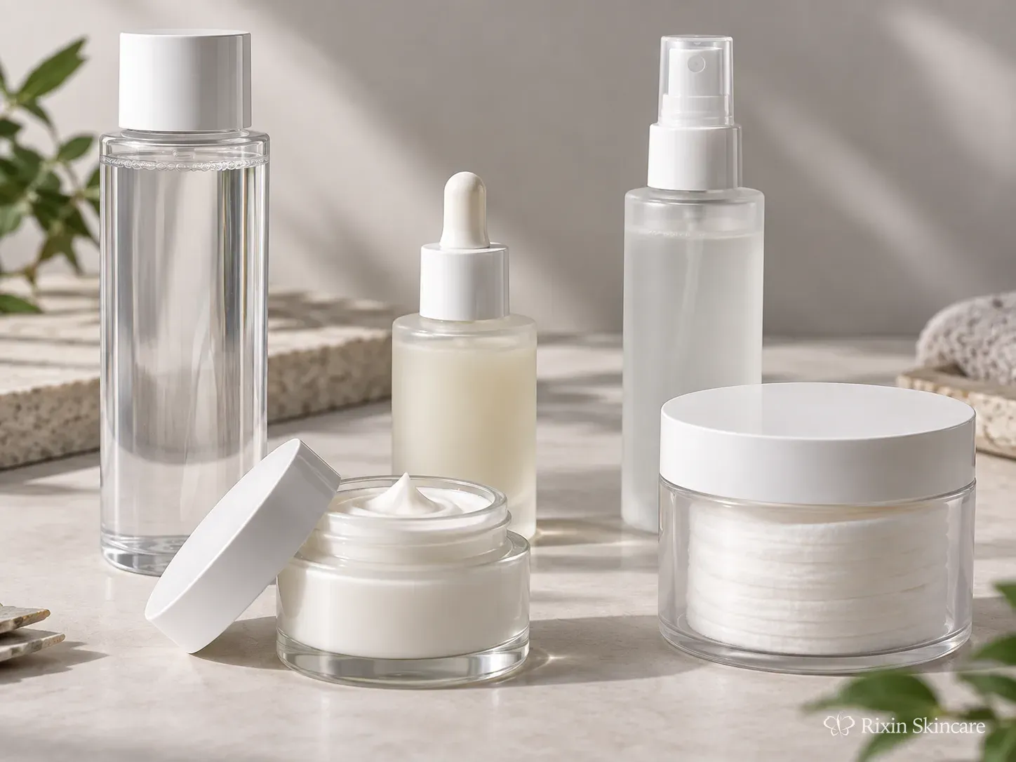 Unbranded skincare prototypes showing several possible product formats including toner, serum, cream, mist, and pad container.