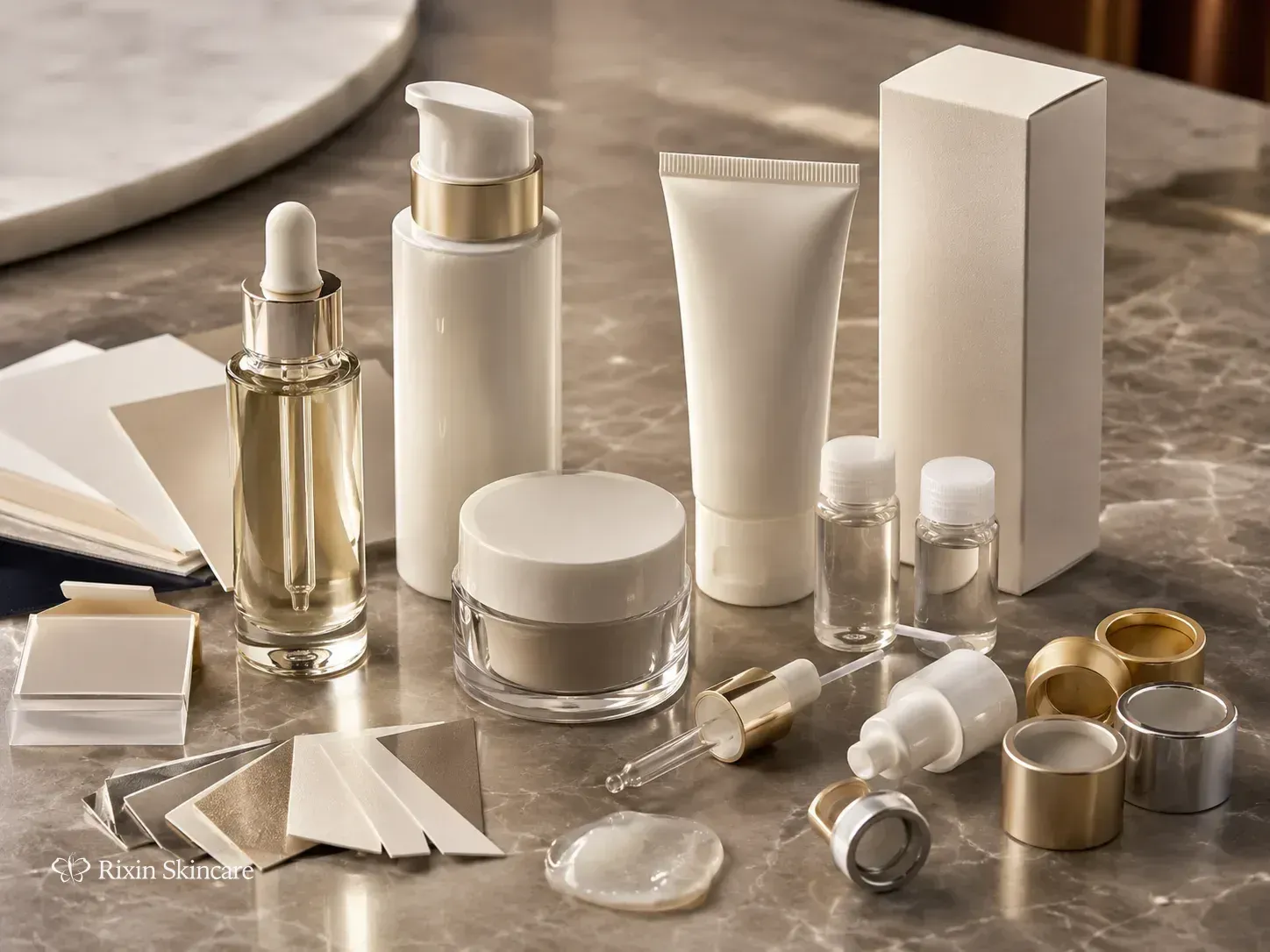 Coordinated skincare project brief review with formula samples, packaging formats, closures, and material options