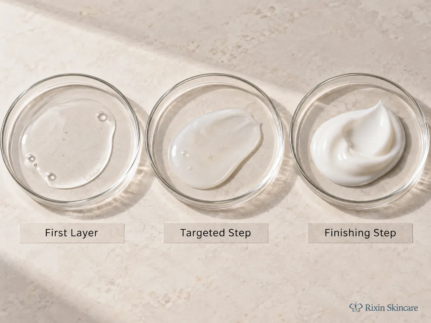 Three skincare texture samples showing a progression from a fluid first layer to a richer finishing step.