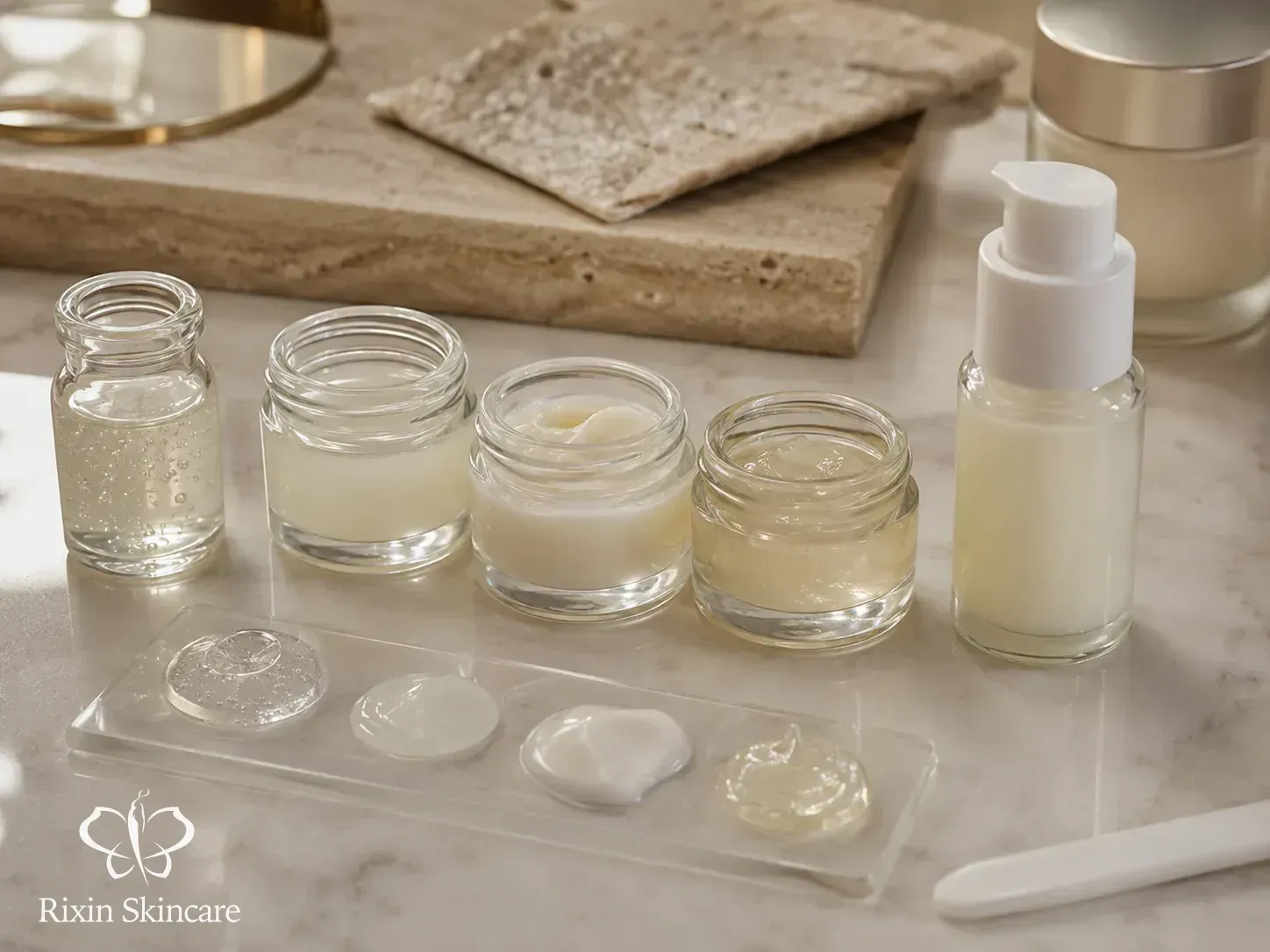 Multiple skincare formula samples and textures arranged for structured sample evaluation and formula review