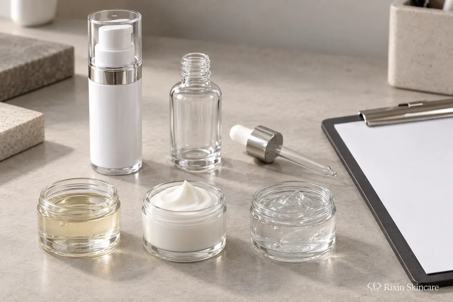 Skincare formula samples and packaging components arranged together for manufacturing review and approval.