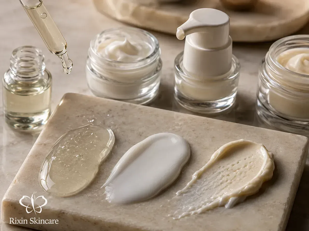 Skincare sample textures, neutral vessels, and dispensing components arranged for sensory evaluation