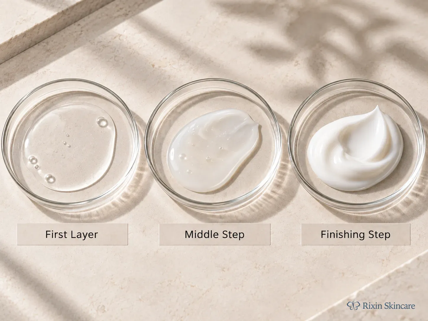 Three skincare prototype textures showing distinct sensory roles from a fluid first layer to a richer finishing step.