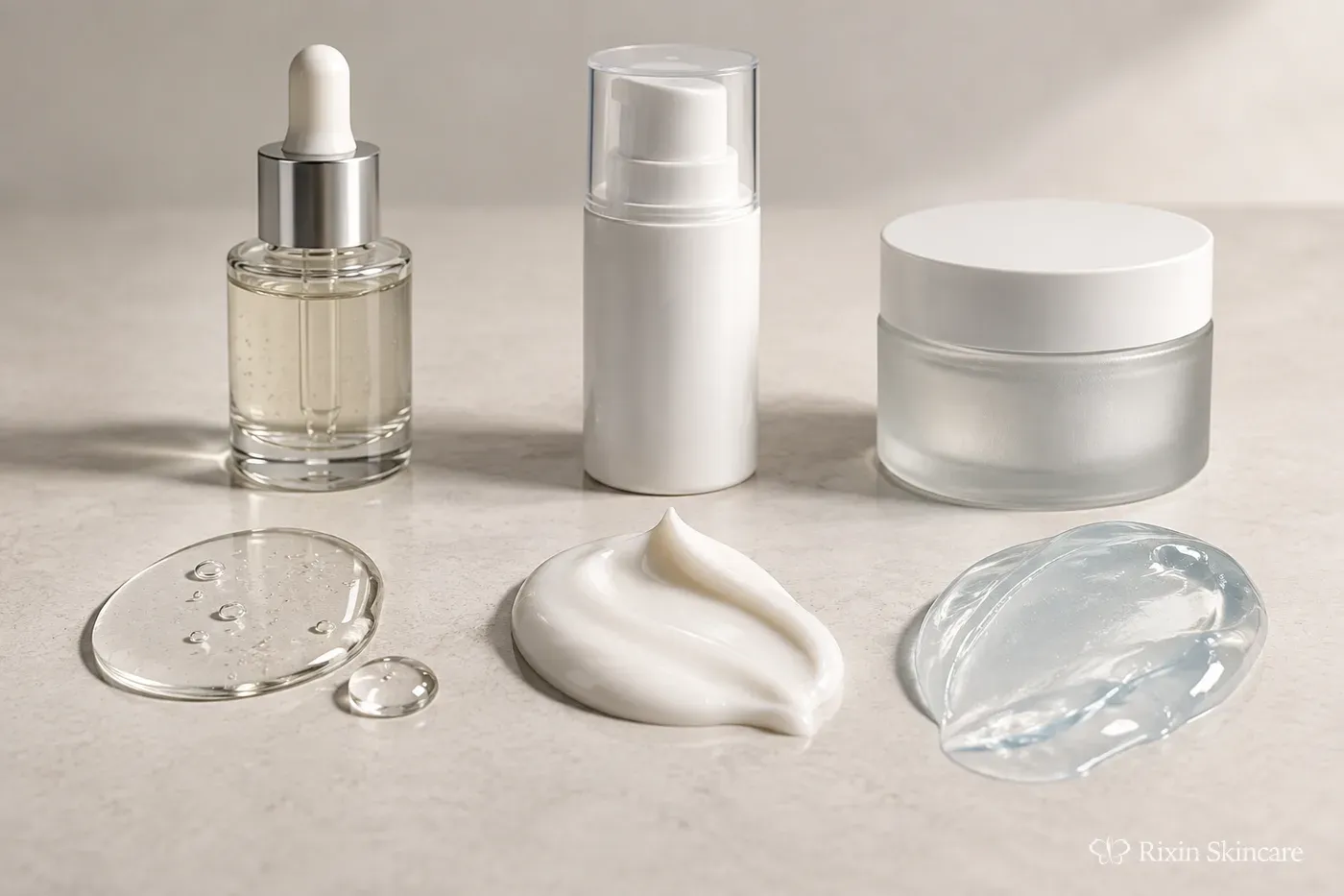 Serum, cream, and translucent gel textures shown as distinct skincare product formats
