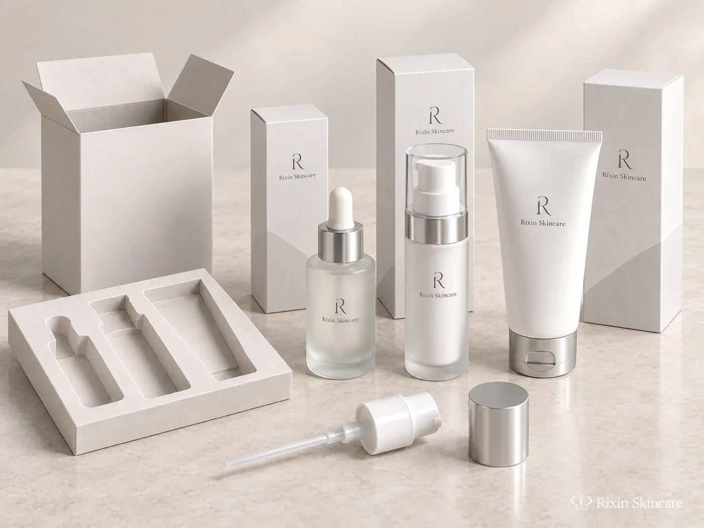 Rixin Skincare branded serum, pump bottle, and tube with matching cartons, insert tray, pump, and cap components