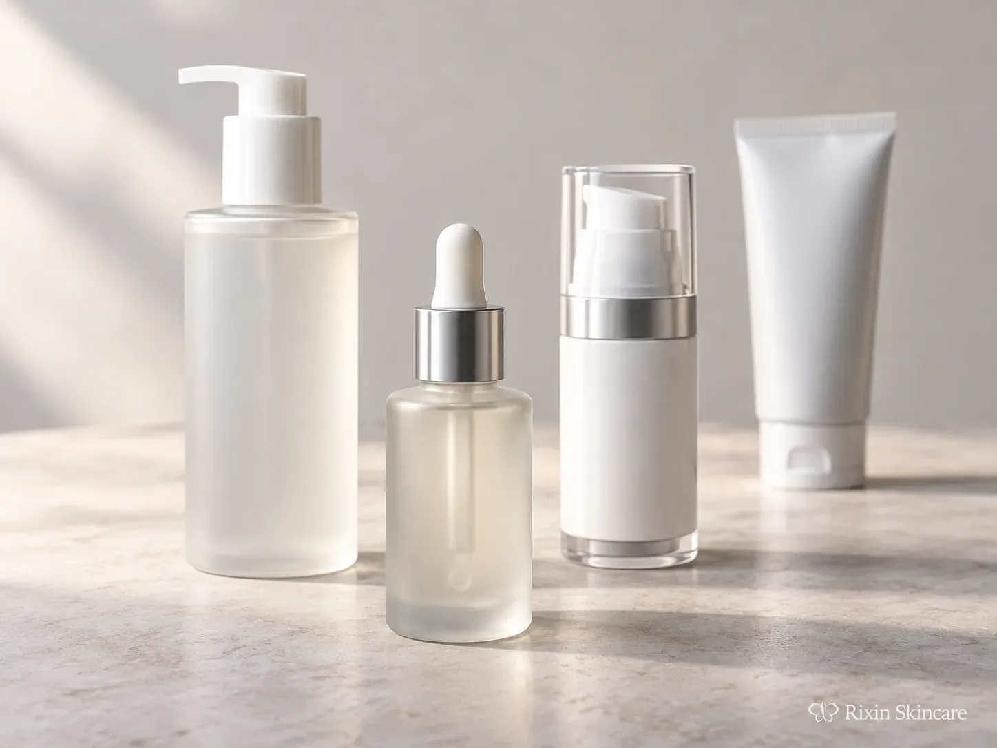 Four skincare products arranged to distinguish a focal product, supporting SKUs, and a later extension.