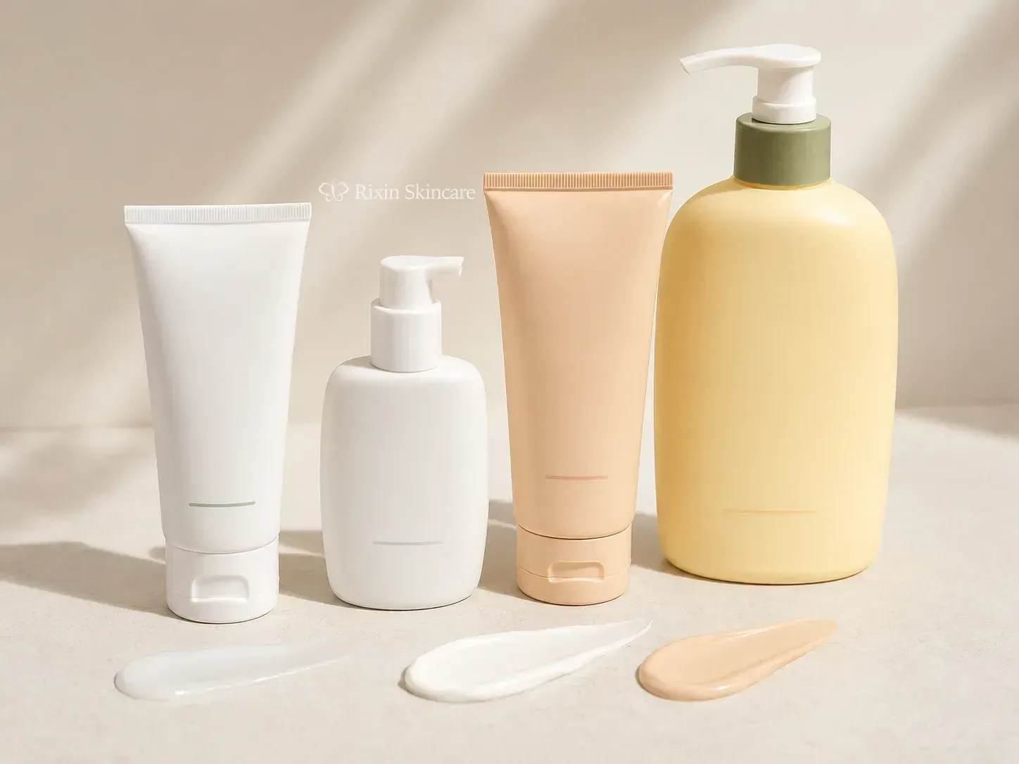 Four finished facial and body sunscreen packages arranged with lightweight fluid, cream, and tinted sunscreen textures