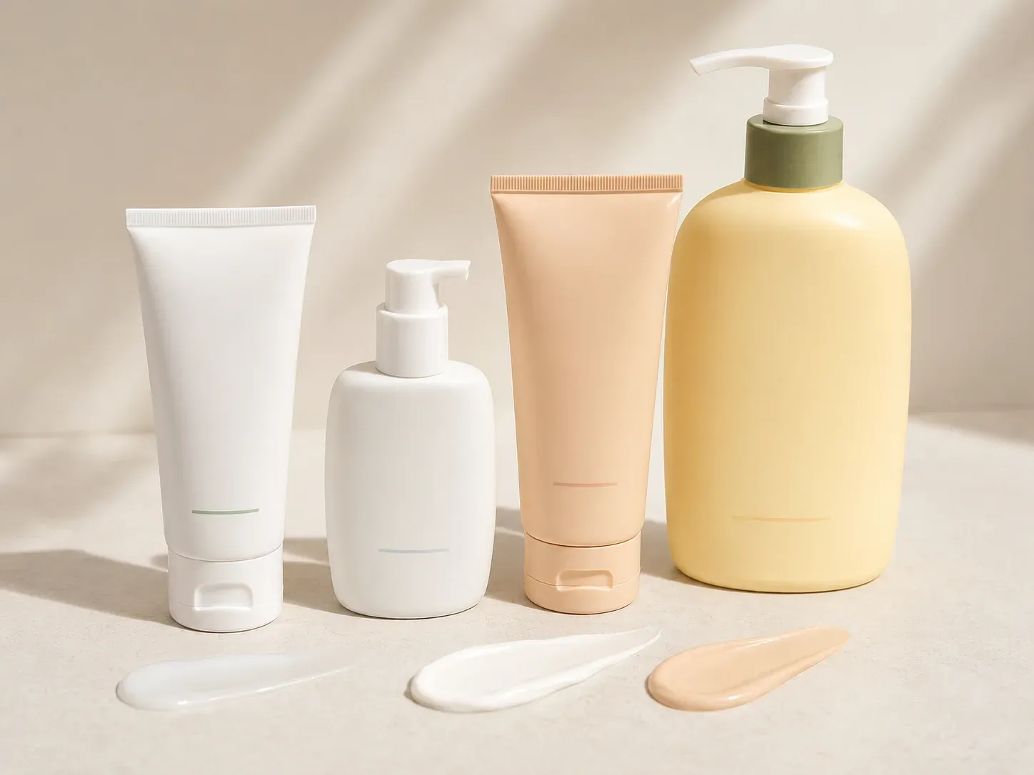 Four finished facial and body sunscreen packages arranged with lightweight fluid, cream, and tinted sunscreen textures