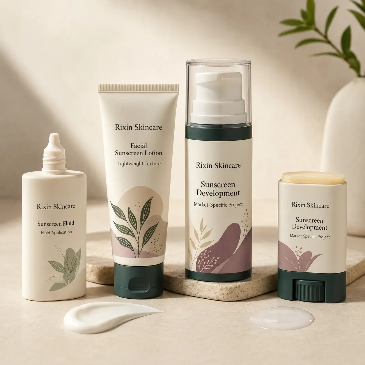 Sunscreen tube, airless bottle, fluid bottle, and stick development formats