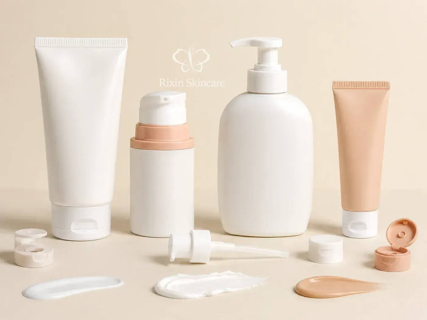 Laminated sunscreen tube, compact dispenser, body lotion pump, tinted tube, and matching closures arranged for packaging review
