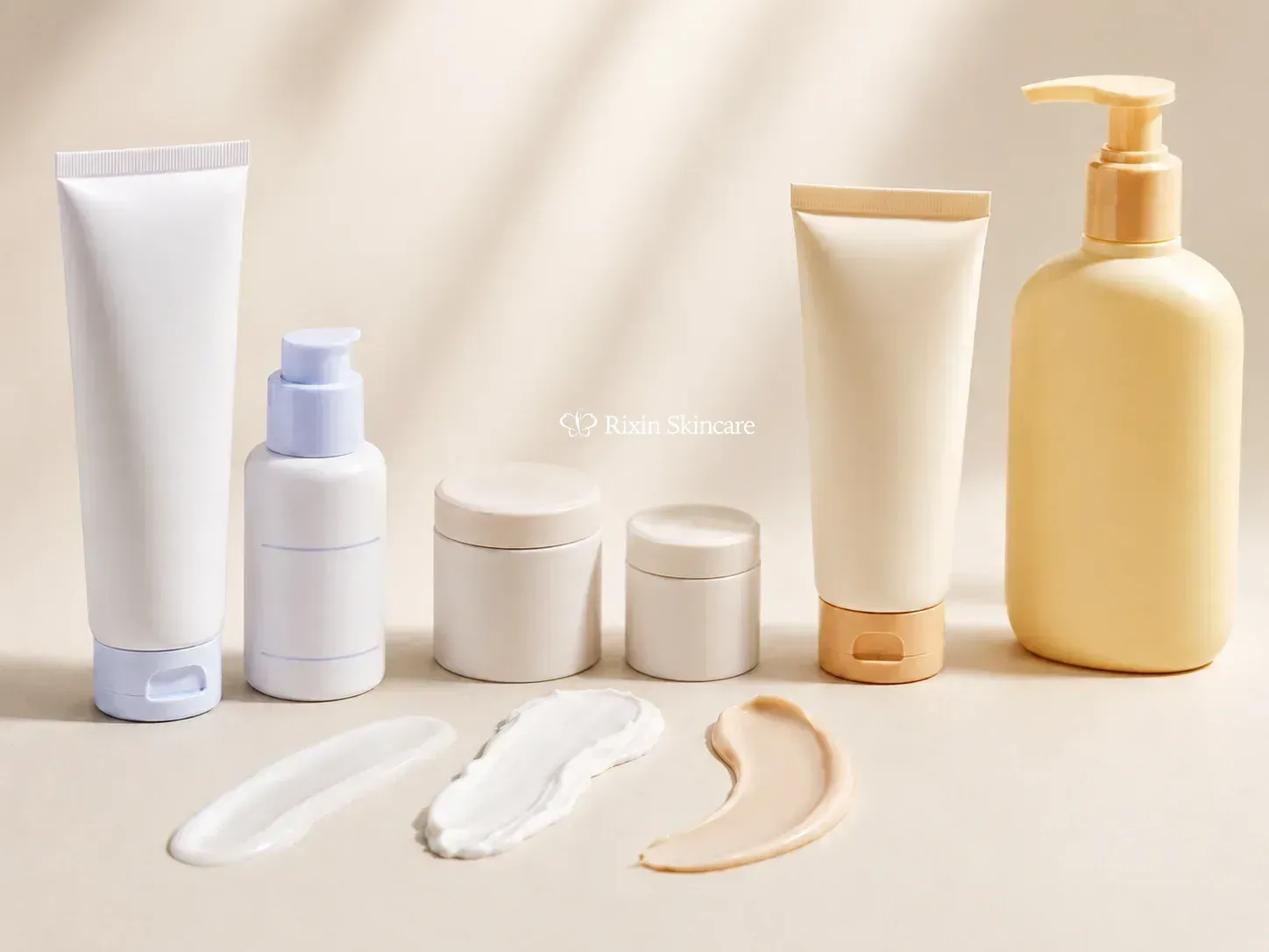 Two coordinated sunscreen development groups connected by shared fluid, cream, and tinted formula samples