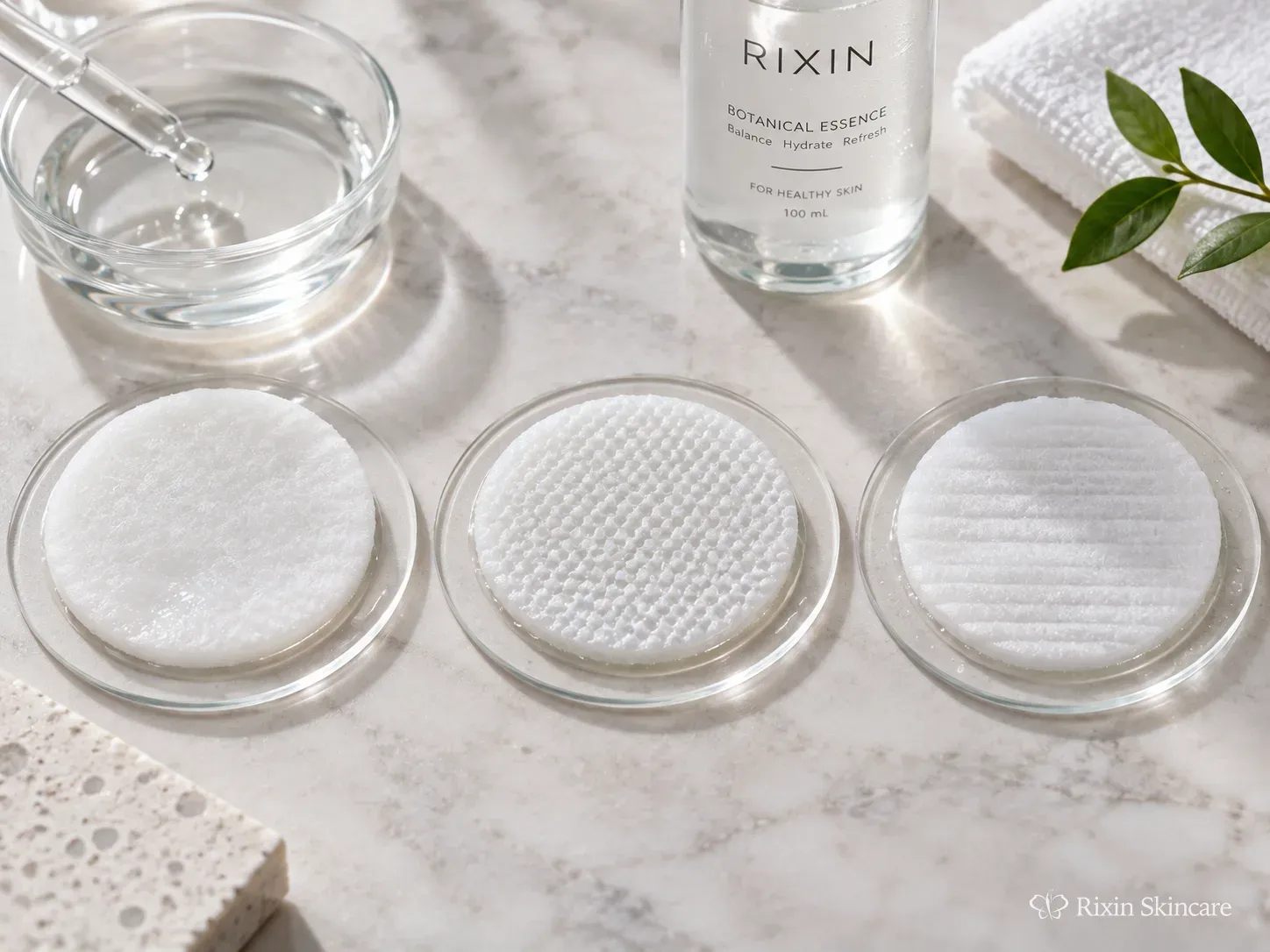 Cosmetic pad prototypes with different thicknesses and surface textures arranged for toner pad substrate review.