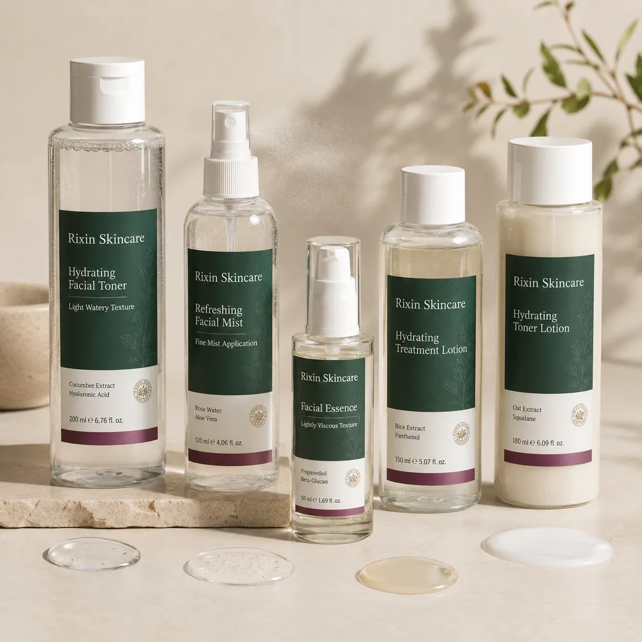 Watery toner, facial mist, viscous toner, and essence packaging formats