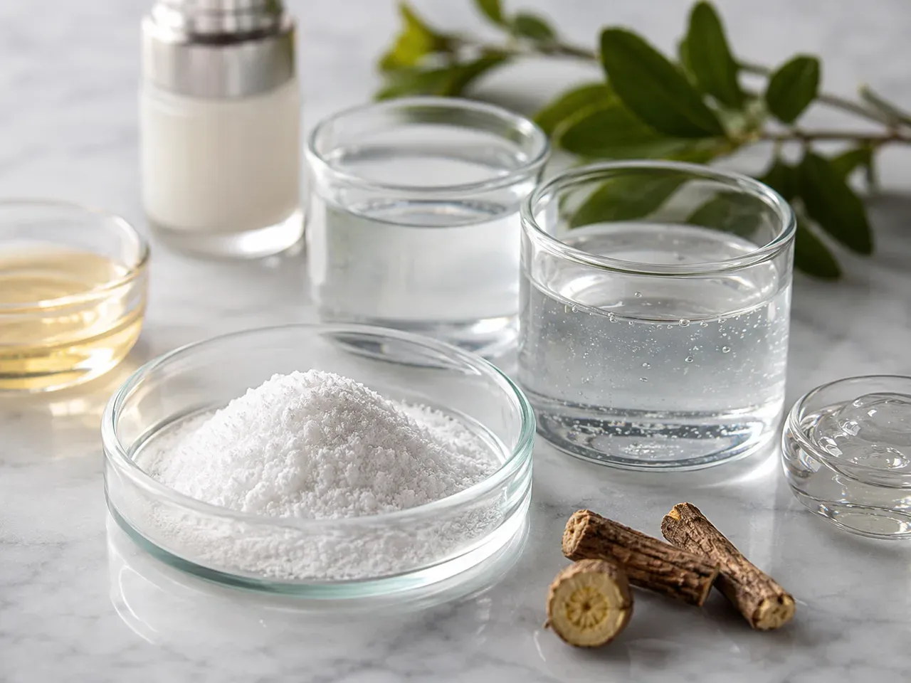 Tranexamic acid material review scene with synthetic raw material, dissolved solution testing, and subtle botanical supporting ingredients in a clean product-development setting.