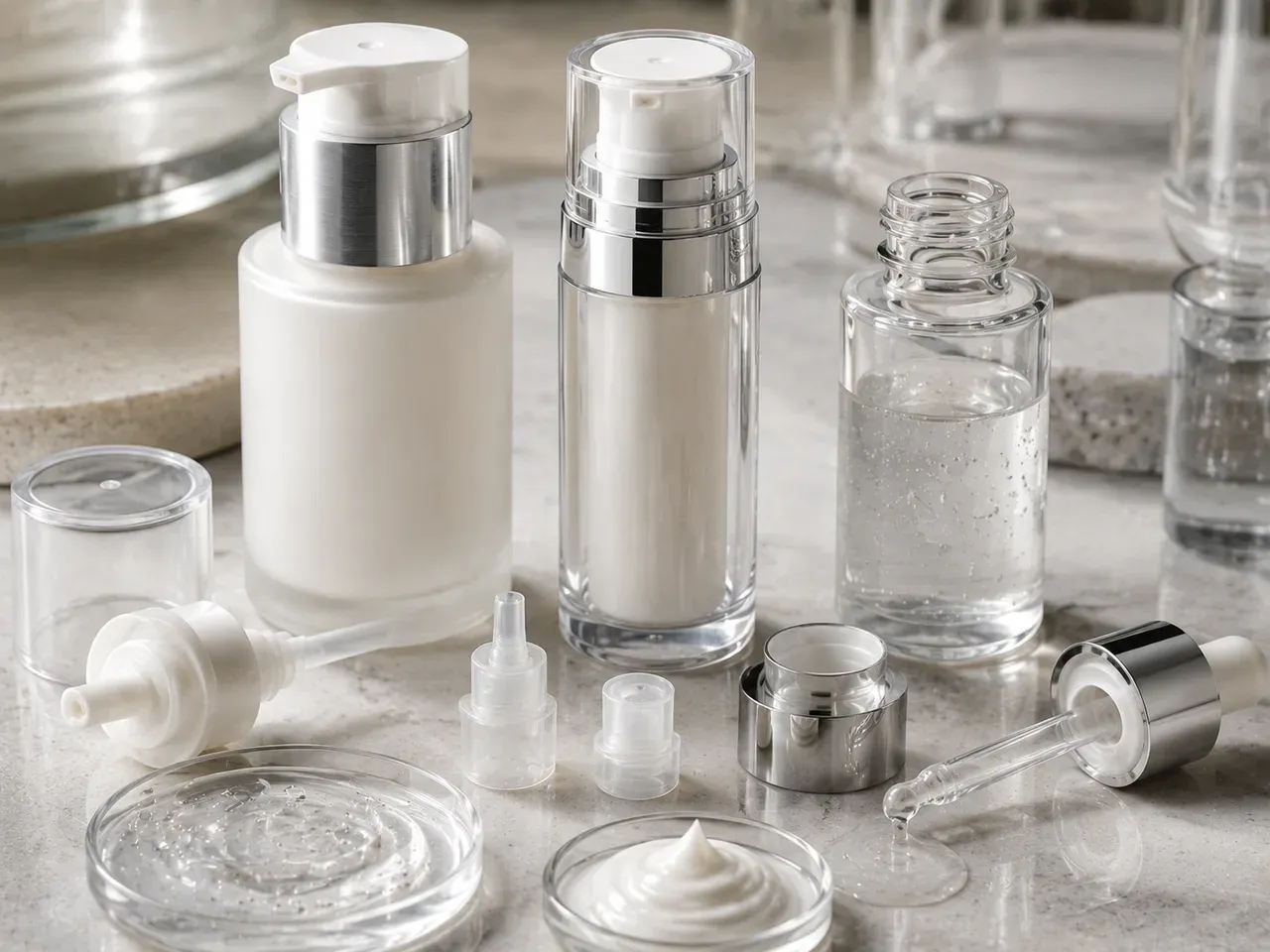 Close skincare packaging review with pump, airless, and bottle component details alongside realistic serum and cream textures for formula-compatibility discussion.