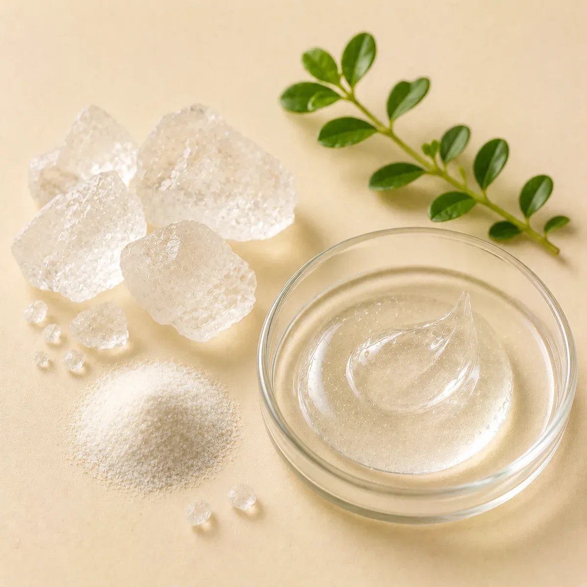 Refined cosmetic ingredient association with clear serum gel texture representing tranexamic acid