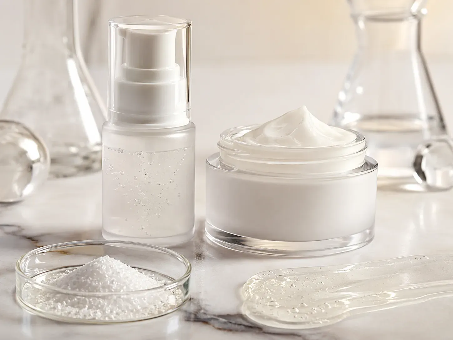 Premium tranexamic acid skincare development concept with coordinated serum and cream textures, translucent packaging, and ingredient-led formulation cues.