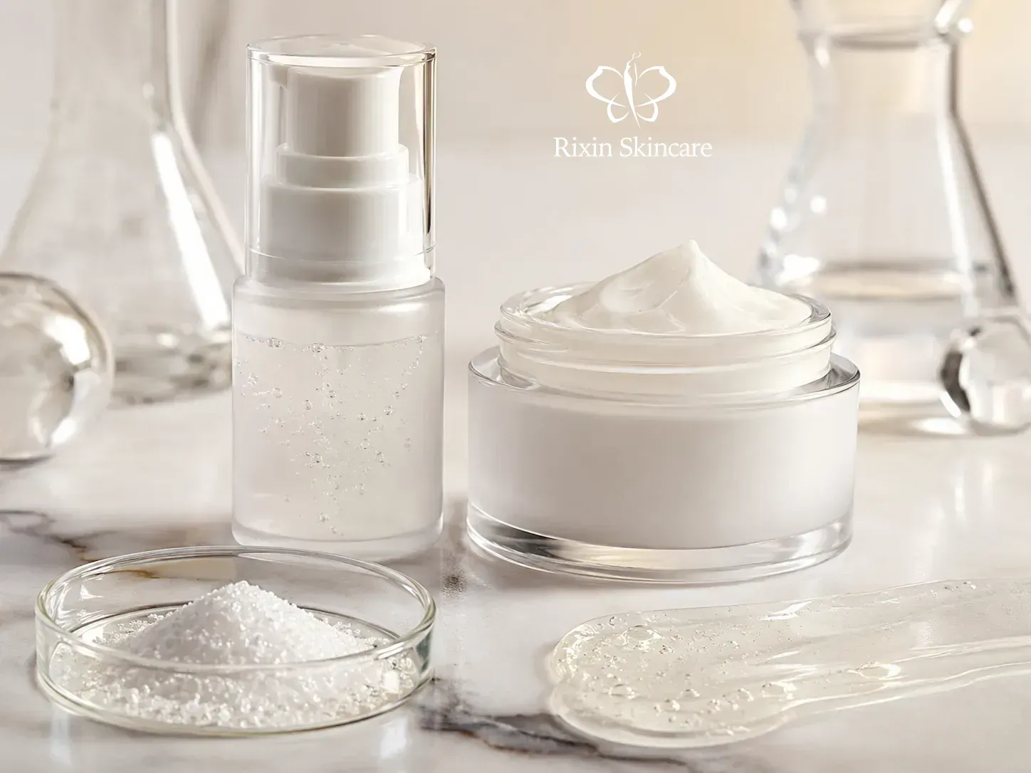 Premium tranexamic acid skincare development concept with coordinated serum and cream textures, translucent packaging, and ingredient-led formulation cues.