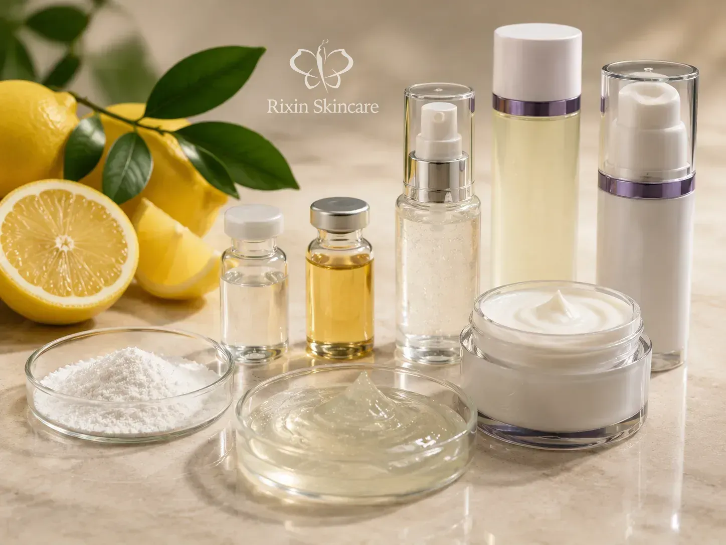 Vitamin C derivative material samples, formula textures, and serum, essence, and emulsion formats arranged for development