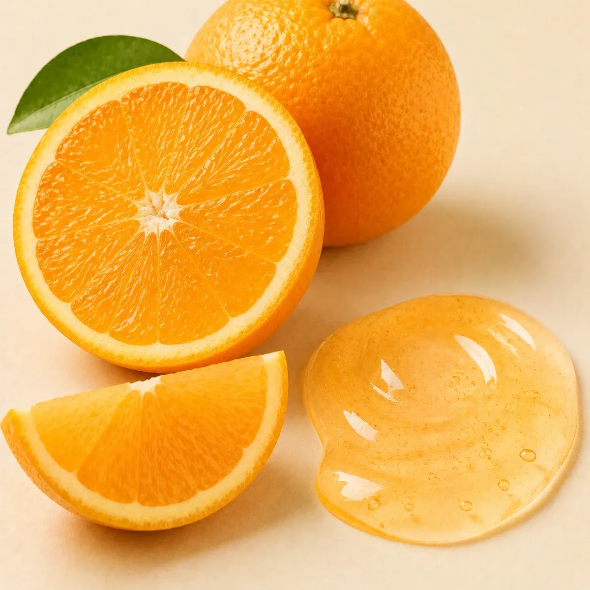 Fresh orange citrus source association with vibrant orange translucent serum texture representing vitamin C derivative ingredient identity