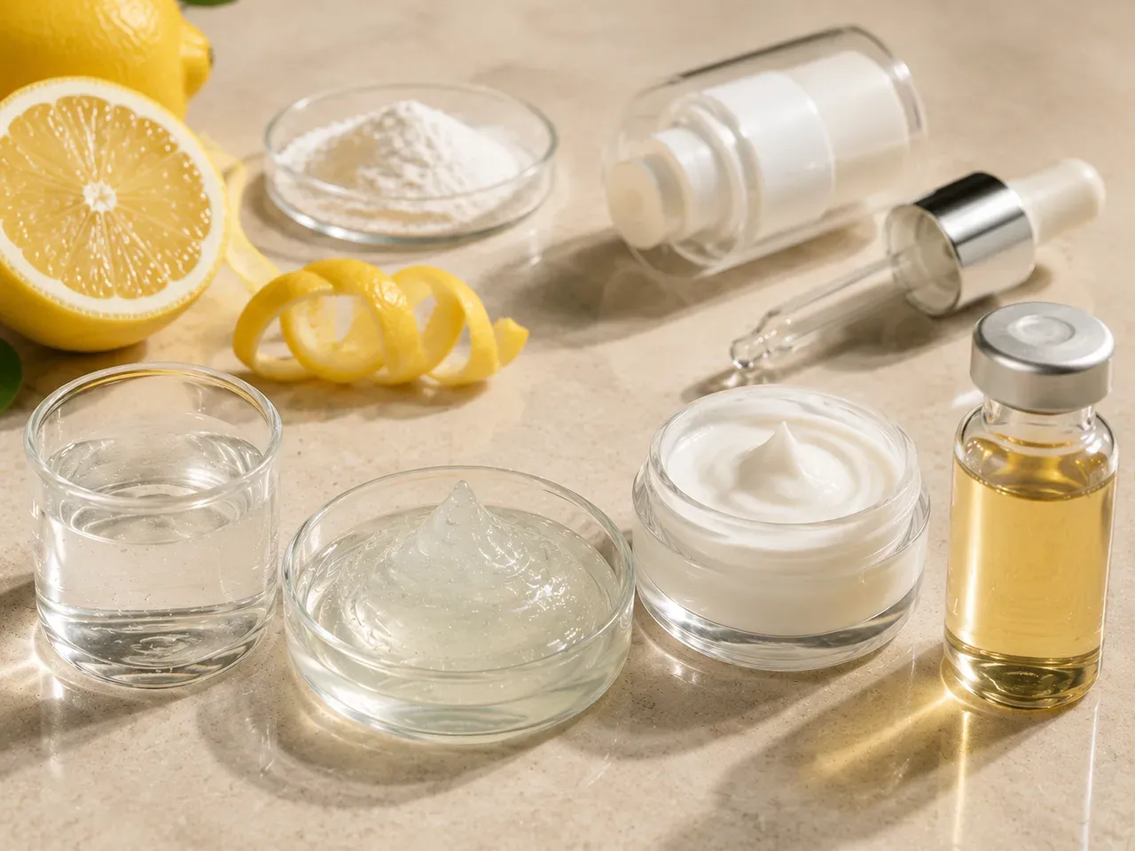 Clear serum, translucent gel, milky emulsion, and pale oil samples arranged for Vitamin C formula review