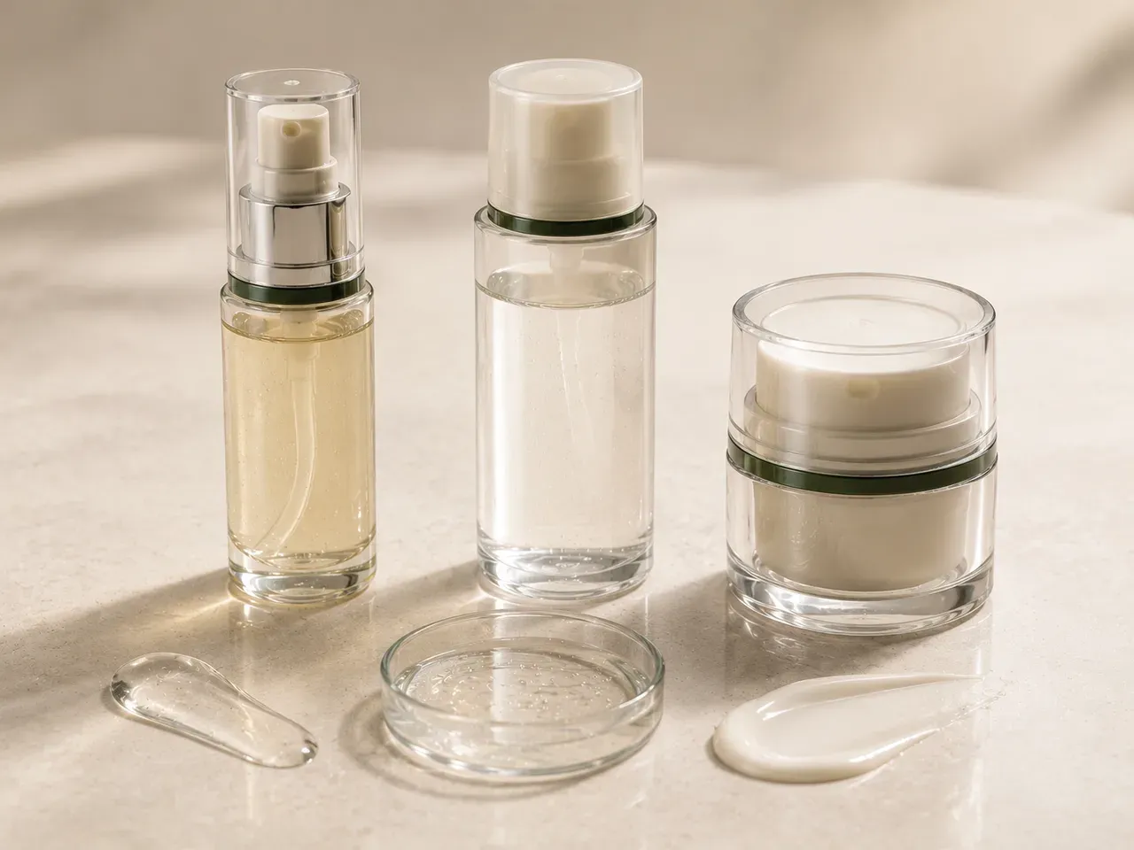 Serum, essence, and moisturizer packages with matching clear, watery, and emulsion textures
